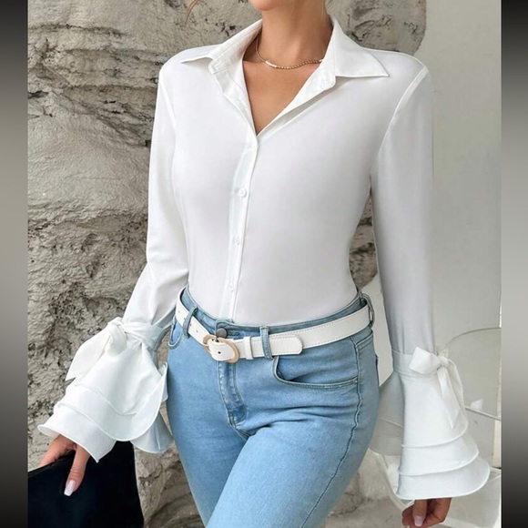 Classic Elegant Ruffle Sleeve Button Down Shirt Top Blouse - Picture 6 of 6